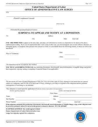 DOL Form ADMINISTRATIVE SUBPOENA TO APPEAR AND TESTIFY DEPOSITION 04 2020 EMAIL PROCESSING