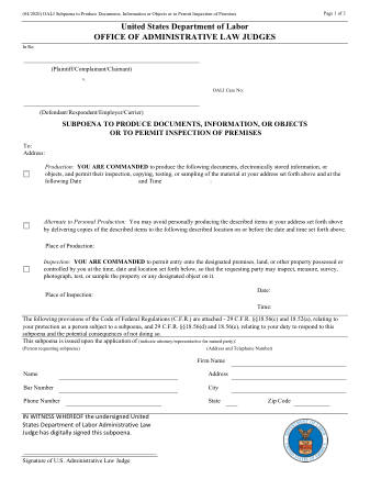 DOL Form ADMINISTRATIVE SUBPOENA TO PRODUCE DOCUMENTS PERMIT INSPECTION OALJ 04 2020 EMAIL PROCESSING