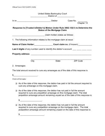 US Courts Form FORM 410C13 M1R RESPONSE TO MOTION
