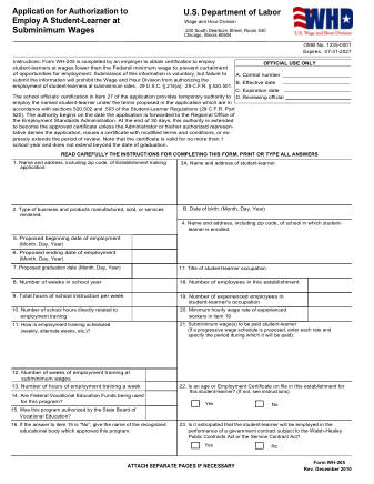 DOL Form WH 205
