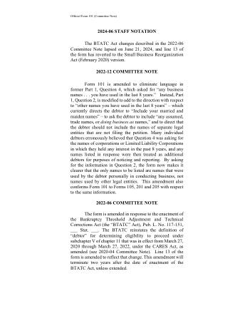 US Courts Form FORM101 COMMITTEE NOTE