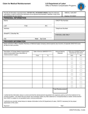 DOL Form OWCP 915