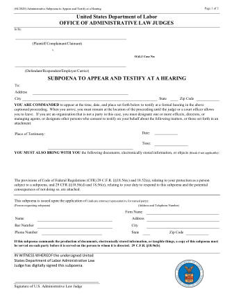 DOL Form ADMINISTRATIVE SUBPOENA TO APPEAR AND TESTIFY HEARING 04 2020 EMAIL PROCESSING