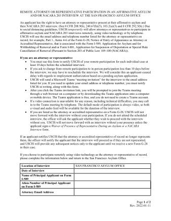 USCIS Form SAN-FRANCISCO-ATTORNEY-REPRESENTATIVE-REMOTE-INTERVIEW-PARTICIPATION-OPT-IN-FORM01112022