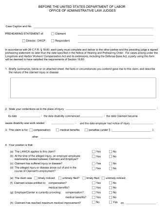 DOL Form OALJ PREHEARING STATEMENT FY16