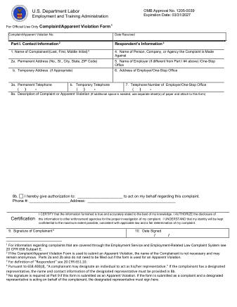 DOL Form ETA 8429 COMPLAINT AV EXP3.31.27